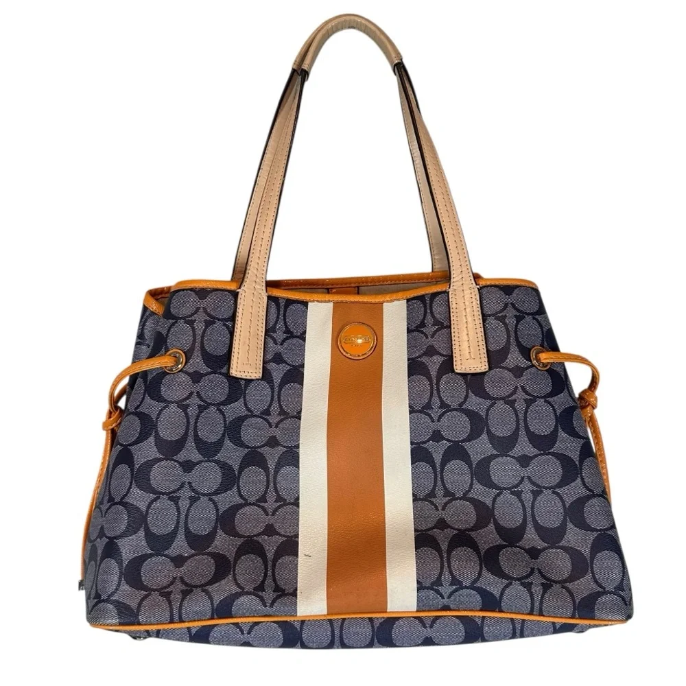 COACH Signature Coated Canvas Drawstring Carryall Bag Denim Blue & Orange Detail - Picture 1 of 14